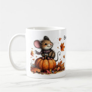Herfst Esthetische Schattigee Muis met Pompoen en  Koffiemok