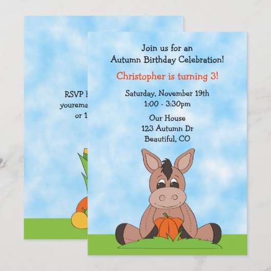 Herfst Ezel Verjaardag Uitnodiging voor jongens (Voorkant / Achterkant)