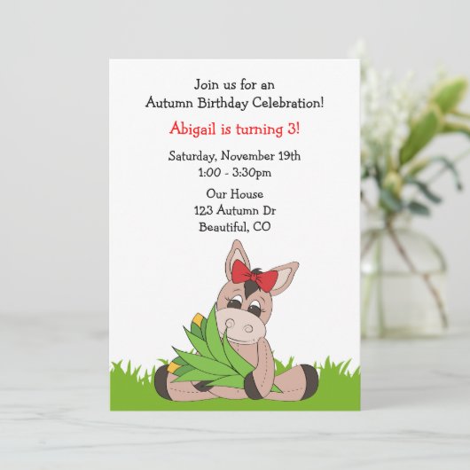 Herfst Ezel Verjaardag Uitnodiging voor meisjes (Staand voorkant)
