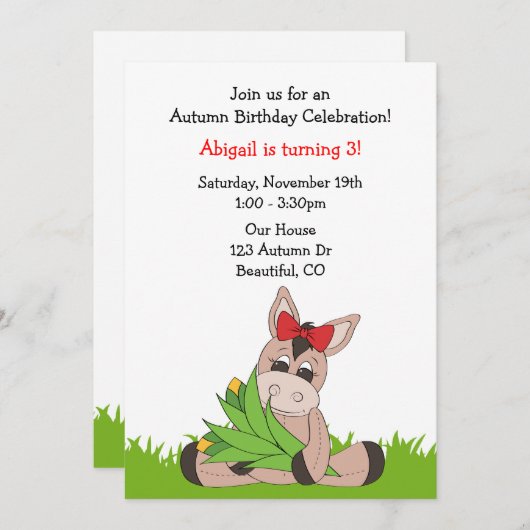Herfst Ezel Verjaardag Uitnodiging voor meisjes (Voorkant / Achterkant)