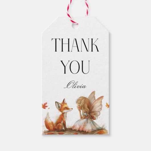 Herfst Fairy Eerste Verjaardag Dank u met een vos Cadeaulabel (Voorkant)