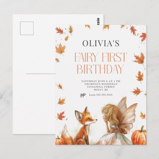 Herfst Fairy Eerste Verjaardagsuitnodiging met een Briefkaart (Voorkant / Achterkant)