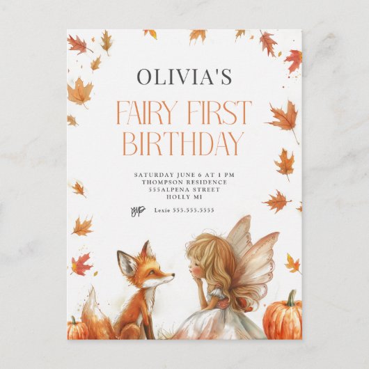 Herfst Fairy Eerste Verjaardagsuitnodiging met een Briefkaart (Voorkant)