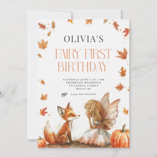 Herfst Fairy Eerste Verjaardagsuitnodiging met een Kaart (Voorkant)
