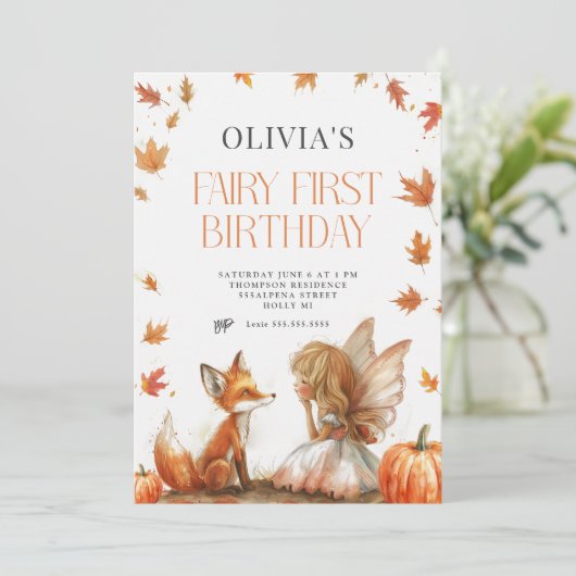 Herfst Fairy Eerste Verjaardagsuitnodiging met een Kaart (Staand voorkant)