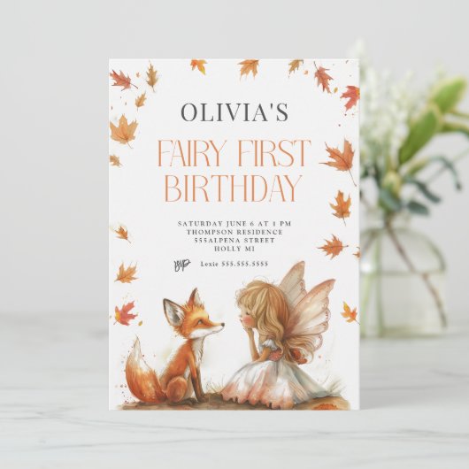Herfst Fairy Eerste Verjaardagsuitnodiging met een Kaart (Staand voorkant)