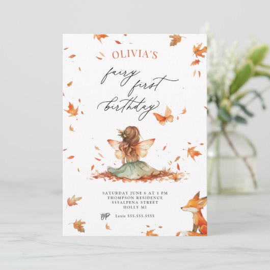 Herfst Fairy en Fox Eerste Verjaardagsuitnodiging Kaart (Staand voorkant)