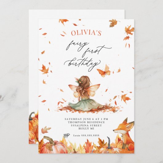 Herfst Fairy en Fox Eerste Verjaardagsuitnodiging Kaart (Voorkant / Achterkant)
