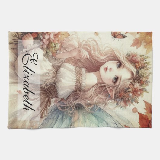Herfst Fairy met herfstbladeren Theedoek (Horizontaal)
