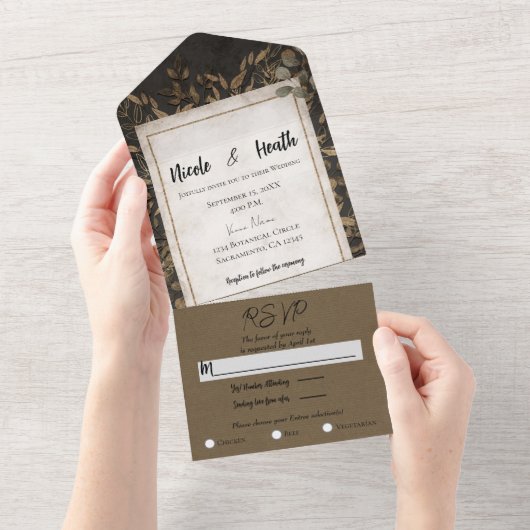 Herfst Fairytale Bronze Botanische lekkages bruilo All In One Uitnodiging (Afscheurbaar)