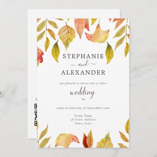 Herfst Falling Leaves Wedding QR Code Kaart (Voorkant / Achterkant)