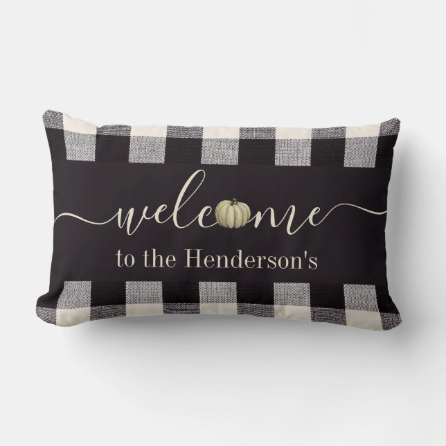 Herfst Farmhouse Gingham Pumpkin Welkomstnaam Kussen (Voorkant)