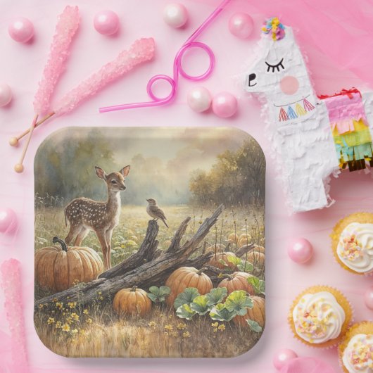 Herfst Fawn In Een Pompoen Patch Papieren Bordje (Feest)