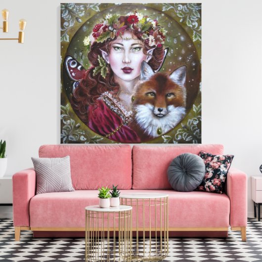 Herfst fee met een vos uitgerekte canvas print (Insitu (Woonkamer))