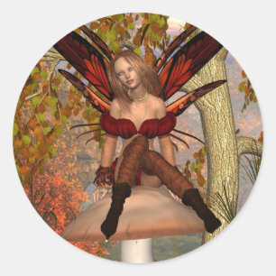 Herfst Fee zittend op een paddenstoel met bos Ronde Sticker