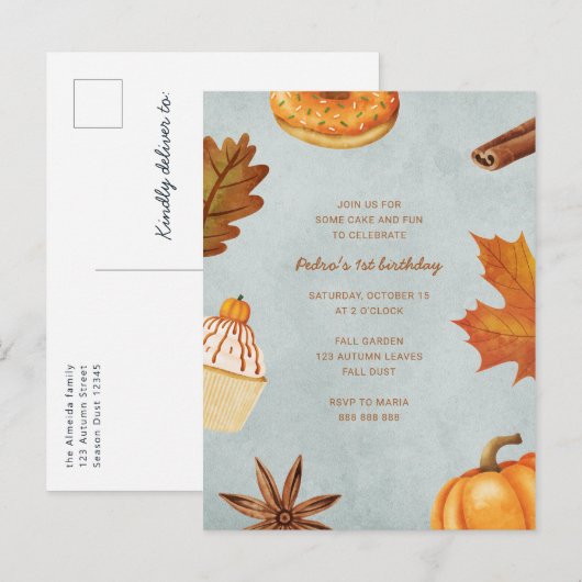 Herfst First Birthday Party Boy Autumn Pumpkin One Uitnodiging Briefkaart (Voorkant / Achterkant)