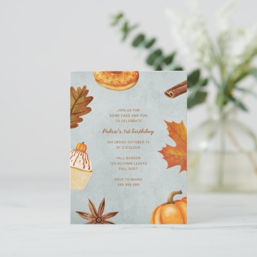 Herfst First Birthday Party Boy Autumn Pumpkin One Uitnodiging Briefkaart (Staand voorkant)