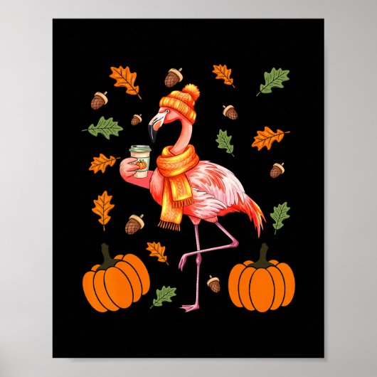 Herfst Flamingo Pompoen Spice Latte Herfstbladeren Poster (Voorkant)