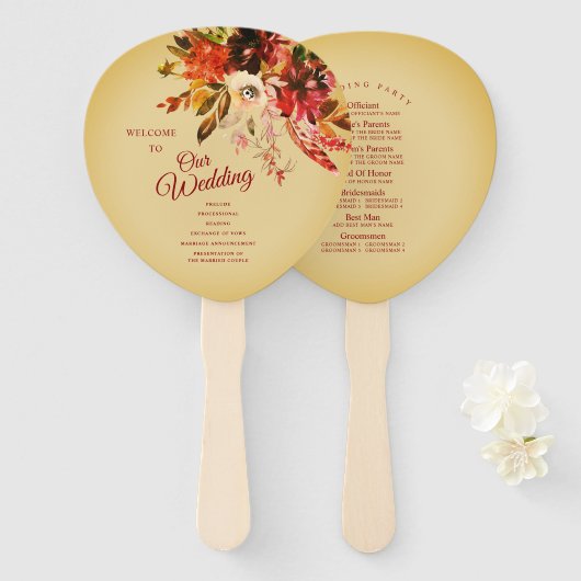 Herfst Floral Aged Gold Wedding Programma Handwaaier (Voorkant en achterkant)
