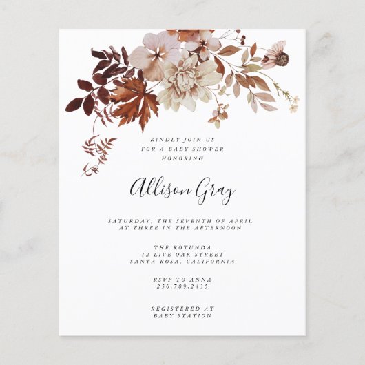 Herfst Floral Baby shower | Begrotingsbrochure Flyer (Voorkant)