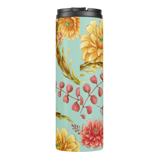 Herfst Floral Blue Background Thermosbeker (Achterkant)