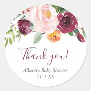 Herfst floral blush roze burgundy wil je bedanken ronde sticker