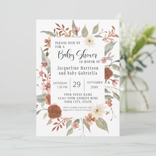Herfst Floral BOHO Script Girl Baby shower Foto IV Kaart (Staand voorkant)