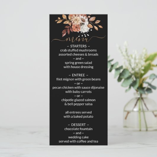Herfst Floral Bouquet Black Wedding Menu (Staand voorkant)
