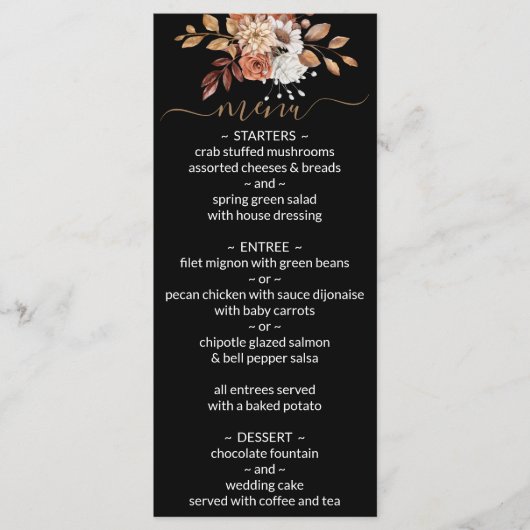Herfst Floral Bouquet Black Wedding Menu (Voorkant)