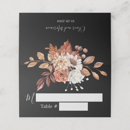 Herfst Floral Bouquet Black Wedding Place Card Plaatskaartje (Buitenkant ongevouwen)