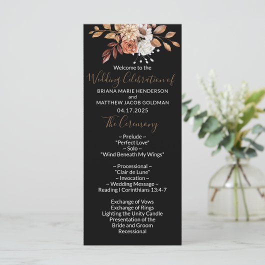 Herfst Floral Bouquet Black Wedding Programme Programmakaart (Staand voorkant)