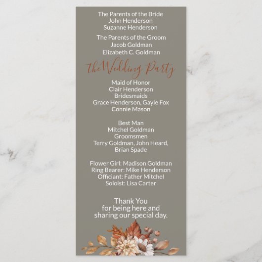 Herfst Floral Bouquet Gray Wedding Programme Programmakaart (Achterkant)