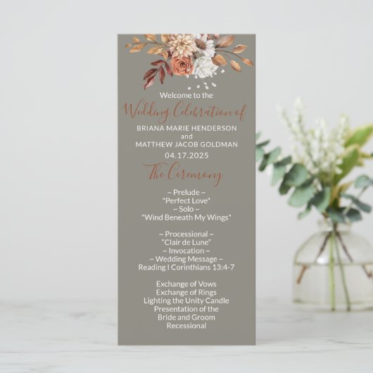 Herfst Floral Bouquet Gray Wedding Programme Programmakaart (Staand voorkant)