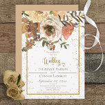 Herfst Floral Bouquet met Gold Wedding Invitation Kaart<br><div class="desc">Herfst is een mooie tijd voor een bruiloft, en de kleuren van deze uitnodiging shows het. Zachte grondtinten van roest, bruin, bruin en roomkleurig met een oortige groene loof worden gespleten met een bruine goudglittergrens. Deze uitnodiging, die deel uitmaakt van de Herfst Floral Bouquet Wedding Invitation Suite van kaarten die...</div>