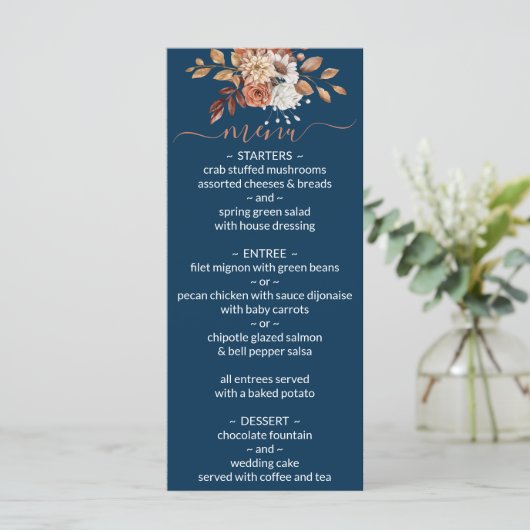 Herfst Floral Bouquet Navy Blue Wedding Menu (Staand voorkant)