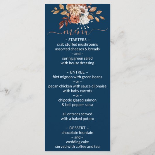 Herfst Floral Bouquet Navy Blue Wedding Menu (Voorkant)