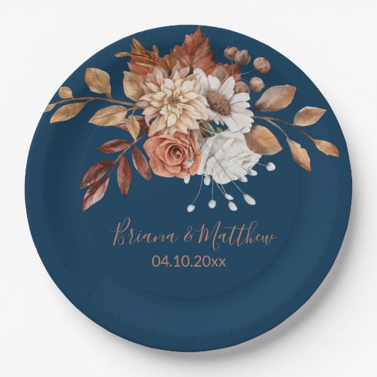 Herfst Floral Bouquet Navy Blue Wedding Paper Bord (Voorkant)
