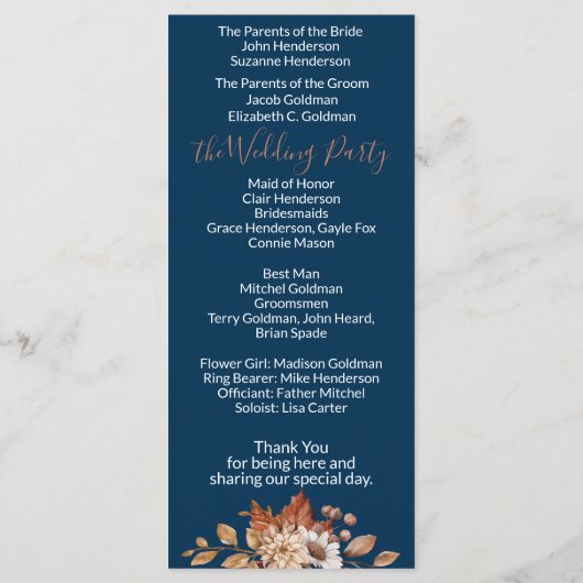 Herfst Floral Bouquet Navy Blue Wedding Program Programmakaart (Achterkant)
