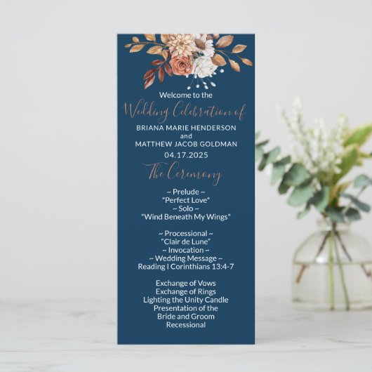 Herfst Floral Bouquet Navy Blue Wedding Program Programmakaart (Staand voorkant)