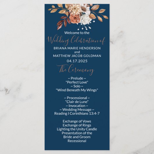 Herfst Floral Bouquet Navy Blue Wedding Program Programmakaart (Voorkant)