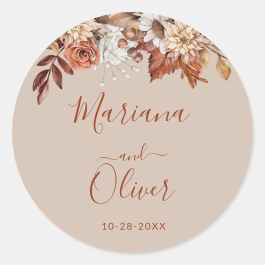 Herfst Floral Bouquet Taupe Envelope Ronde Sticker (Voorkant)