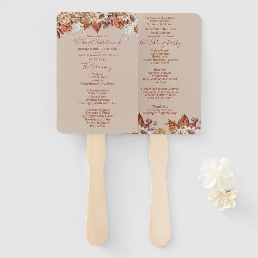 Herfst Floral Bouquet Taupe Wedding Hand Fan Handwaaier (Voorkant en achterkant)