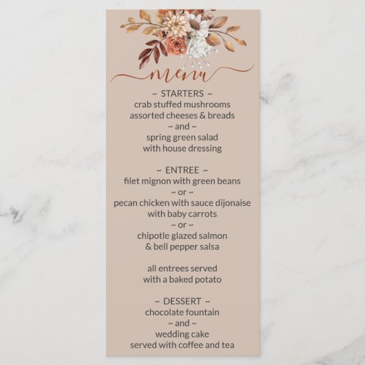 Herfst Floral Bouquet Taupe Wedding Menu (Voorkant)