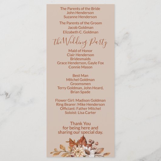 Herfst Floral Bouquet Taupe Wedding Programme Programmakaart (Achterkant)