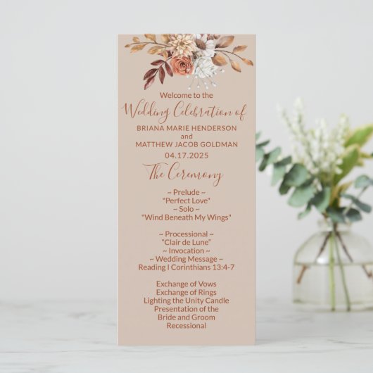 Herfst Floral Bouquet Taupe Wedding Programme Programmakaart (Staand voorkant)