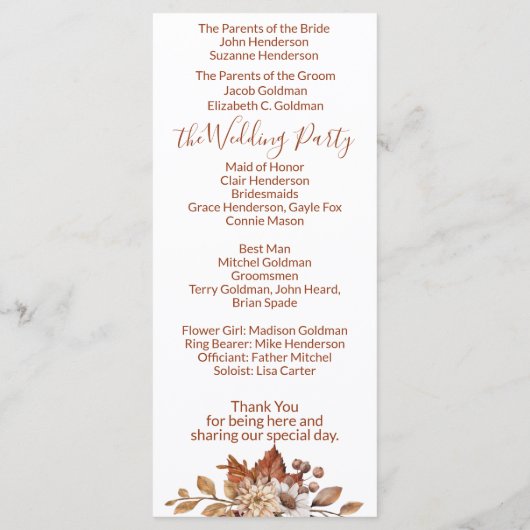 Herfst Floral Bouquet White Wedding Programme Programmakaart (Achterkant)