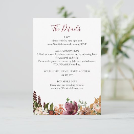 Herfst Floral bruiloft details Informatiekaartje (Staand voorkant)