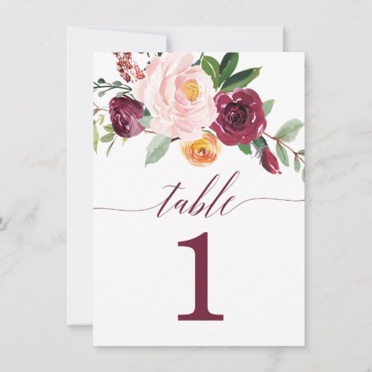 Herfst floral burgundy blush roze tabelnummers kaart (Achterkant)