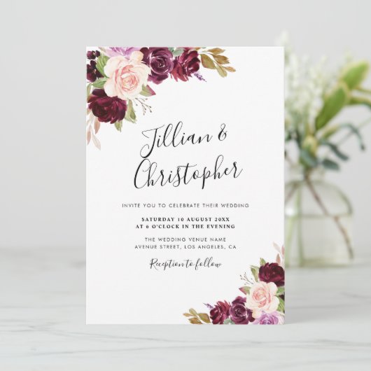 herfst floral burgundy bruiloft uitnodiging (Staand voorkant)
