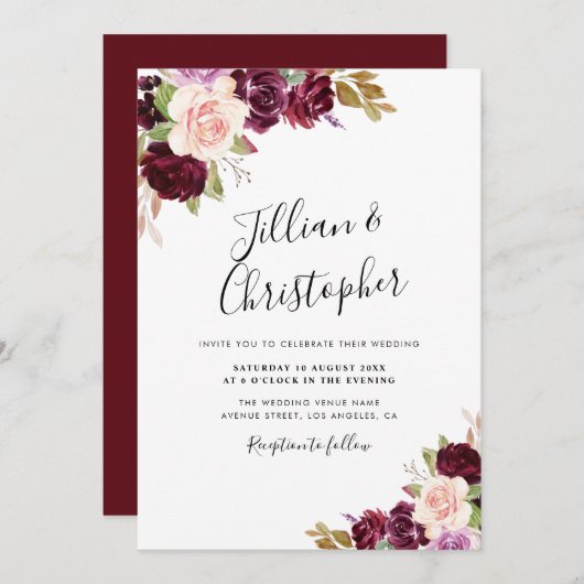 herfst floral burgundy bruiloft uitnodiging (Voorkant / Achterkant)